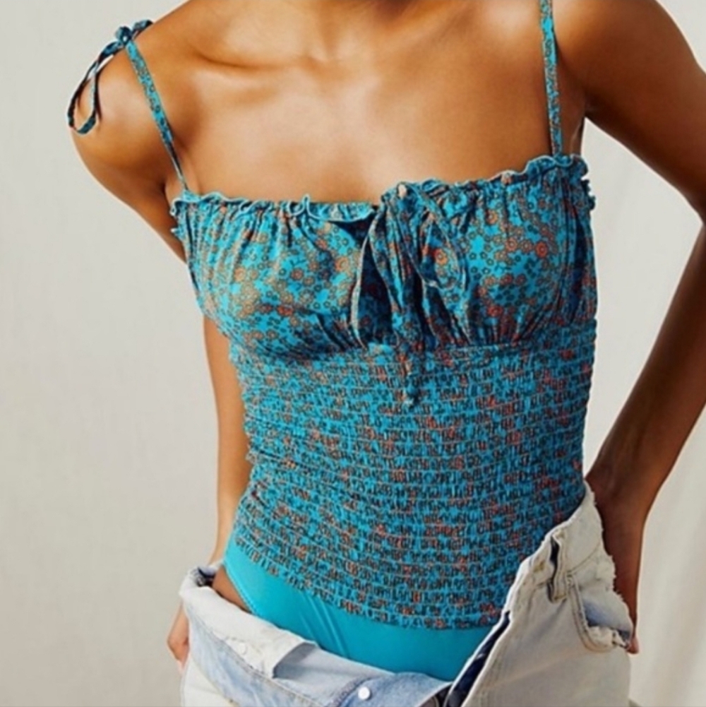 Free People Bardot Turquoise Floral Smocked Blue Top Bodysuit S